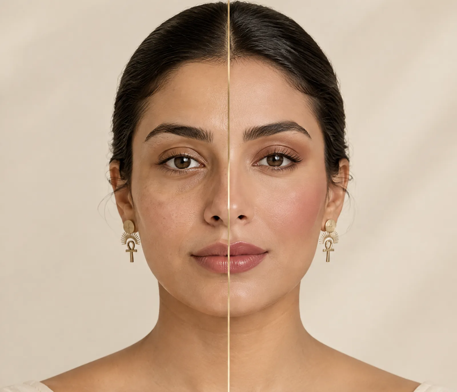 The same face, bare on one side and wearing makeup on the other
